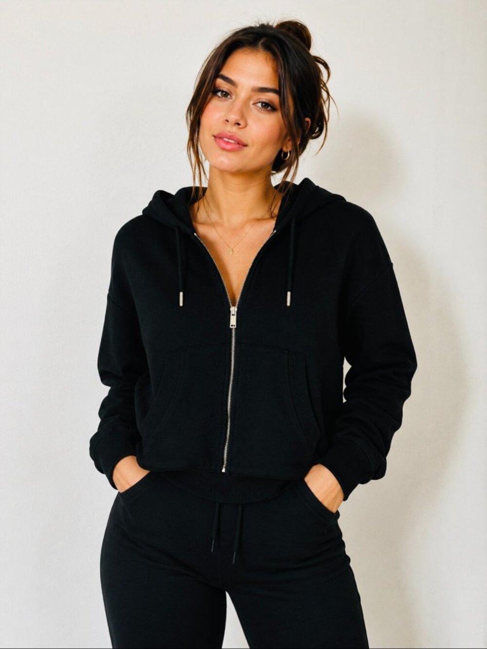 Zara Black Cropped Zip-Up Hoodie Sweatshirt Size L